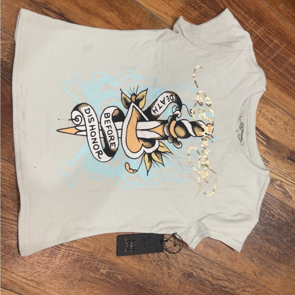 Ed Hardy Cream Tee with Black Logo